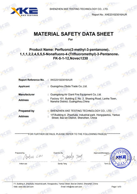La Chine Guangdong Air Giant Fire Equipment Co.,Ltd. certifications