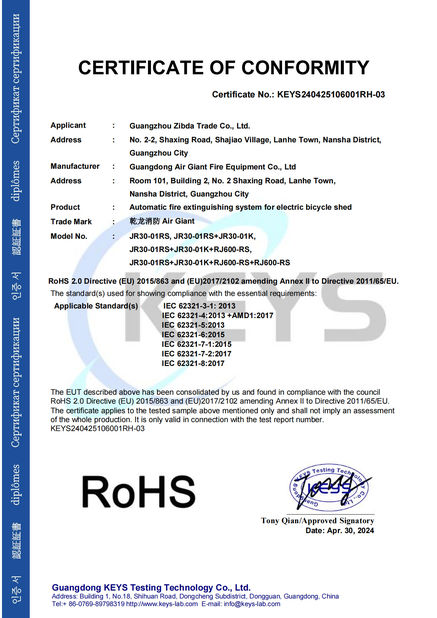 La Chine Guangdong Air Giant Fire Equipment Co.,Ltd. certifications